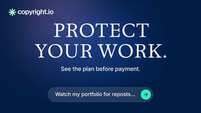 Landscape graphic for copyright.io: "Protect your work." Agentic glass style, centred layout, dark palette in blue.