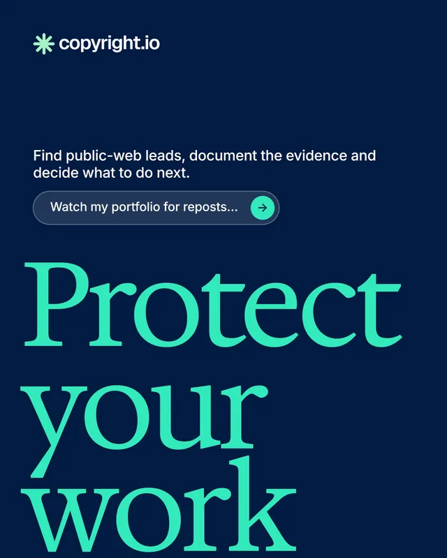 Instagram portrait post for copyright.io: "Protect your work." Agentic glass style, oversized layout, dark palette in blue, teal.