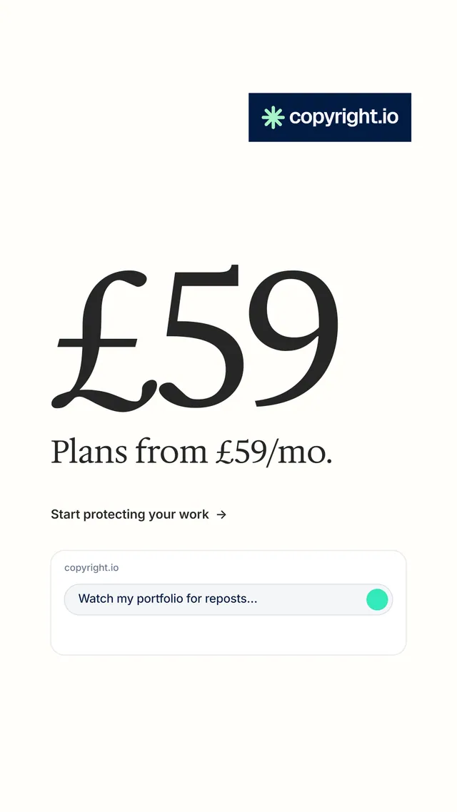 Instagram story for copyright.io: "Continuous protection for creators." Minimal luxury style, stat layout, light palette in white, grey.