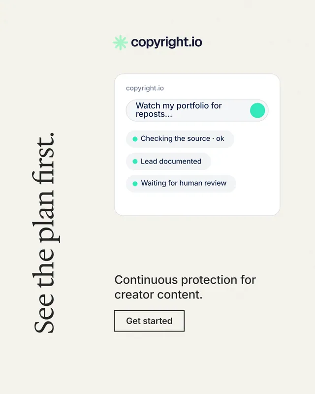 Instagram portrait post for copyright.io: "See the plan first." Editorial style, vertical layout, light palette in white.