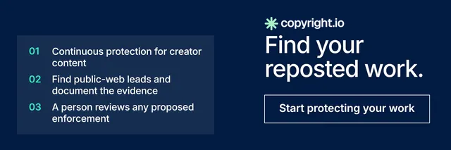 X header for copyright.io: "Find your reposted work." Editorial style, skeleton layout, dark palette in blue.