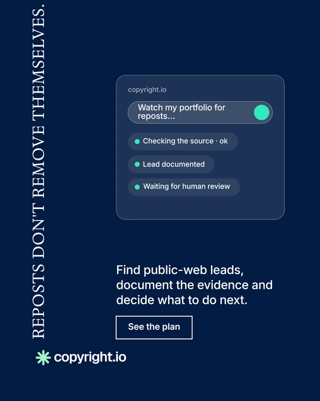 Instagram portrait post for copyright.io: "Reposts don't remove themselves." Editorial style, vertical layout, dark palette in blue.