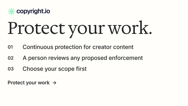 Landscape graphic for copyright.io: "Protect your work." Minimal luxury style, numbered layout, light palette in white, grey.