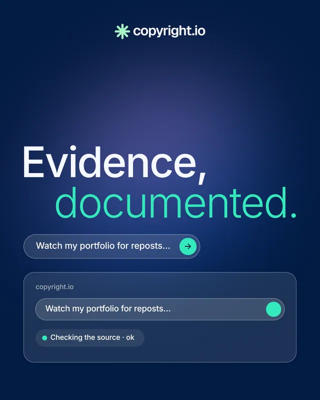 Instagram portrait post for copyright.io: "Evidence, documented." Agentic glass style, stacked layout, dark palette in blue.