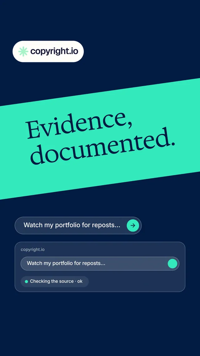 Instagram story for copyright.io: "Evidence, documented." Agentic glass style, diagonal layout, dark palette in blue, teal.