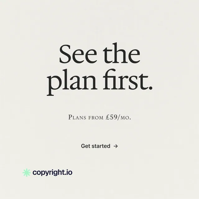 Instagram post for copyright.io: "See the plan first." Editorial style, smallcaps layout, light palette in white, grey.