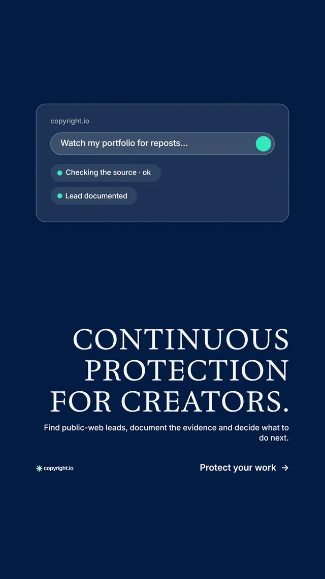 Instagram story for copyright.io: "Continuous protection for creators." Minimal luxury style, right layout, dark palette in blue.