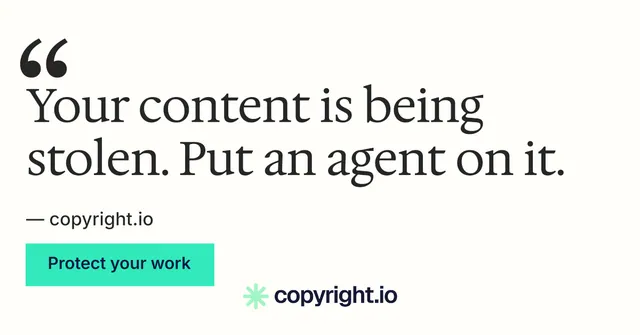 Social ad for copyright.io: "Continuous protection for creators." Swiss style, quote layout, light palette in white, teal.