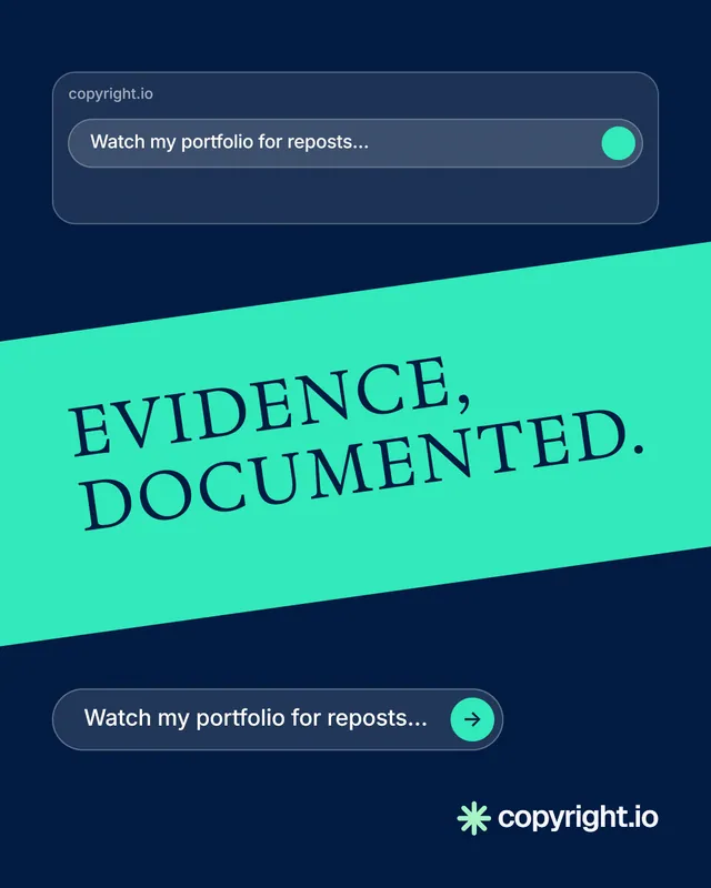 Instagram portrait post for copyright.io: "Evidence, documented." Agentic glass style, diagonal layout, dark palette in blue, teal.
