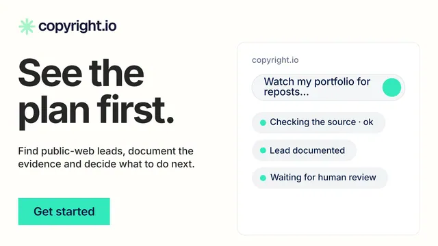 Landscape graphic for copyright.io: "See the plan first." Swiss style, bottom layout, light palette in white.