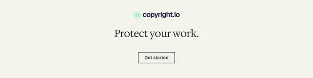 LinkedIn banner for copyright.io: "Protect your work." Editorial style, centred layout, light palette in white.