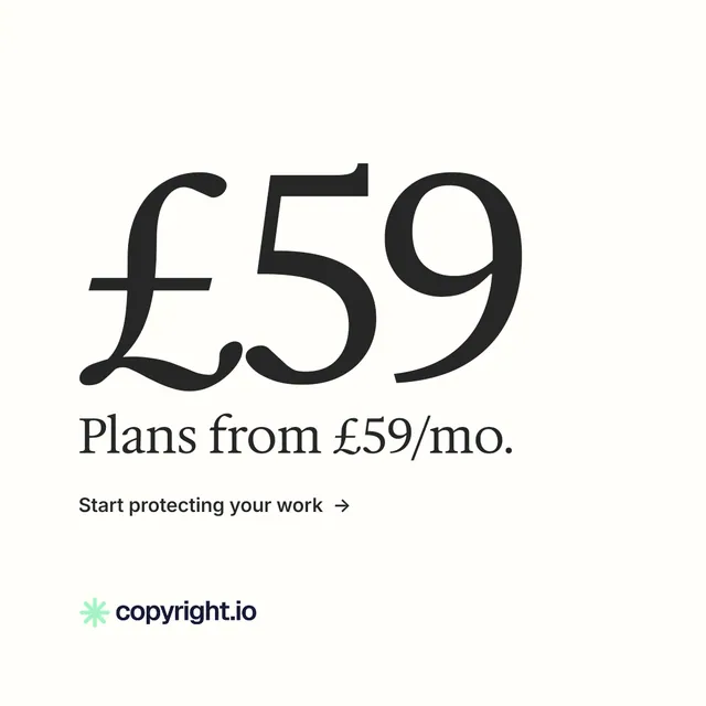Instagram post for copyright.io: "Your content is being stolen." Minimal luxury style, stat layout, light palette in white, grey.