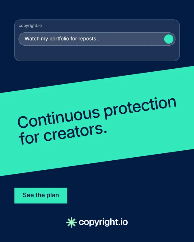 Instagram portrait post for copyright.io: "Continuous protection for creators." Swiss style, diagonal layout, dark palette in blue, teal.