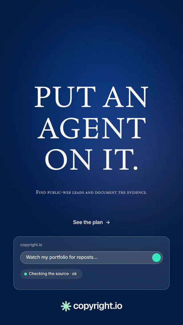 Instagram story for copyright.io: "Put an agent on it." Agentic glass style, smallcaps layout, dark palette in blue.