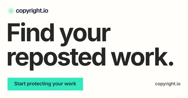 Social ad for copyright.io: "Find your reposted work." Swiss style, poster layout, light palette in white, grey.