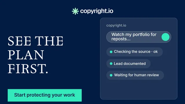 Landscape graphic for copyright.io: "See the plan first." Split block style, bottom layout, dark palette in blue, teal.