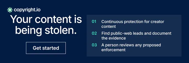 X header for copyright.io: "Your content is being stolen." Editorial style, skeleton layout, dark palette in blue.