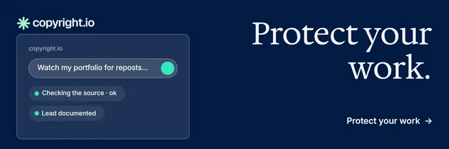 X header for copyright.io: "Protect your work." Minimal luxury style, right layout, dark palette in blue.