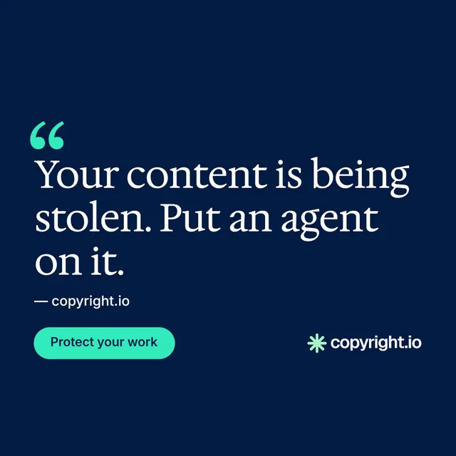 Instagram post for copyright.io: "Evidence, documented." Y2K style, quote layout, dark palette in blue.