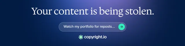LinkedIn banner for copyright.io: "Your content is being stolen." Agentic glass style, skeleton layout, dark palette in blue.