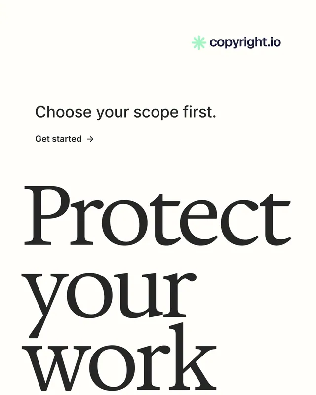 Instagram portrait post for copyright.io: "Continuous protection for creators." Minimal luxury style, oversized layout, light palette in white, grey.