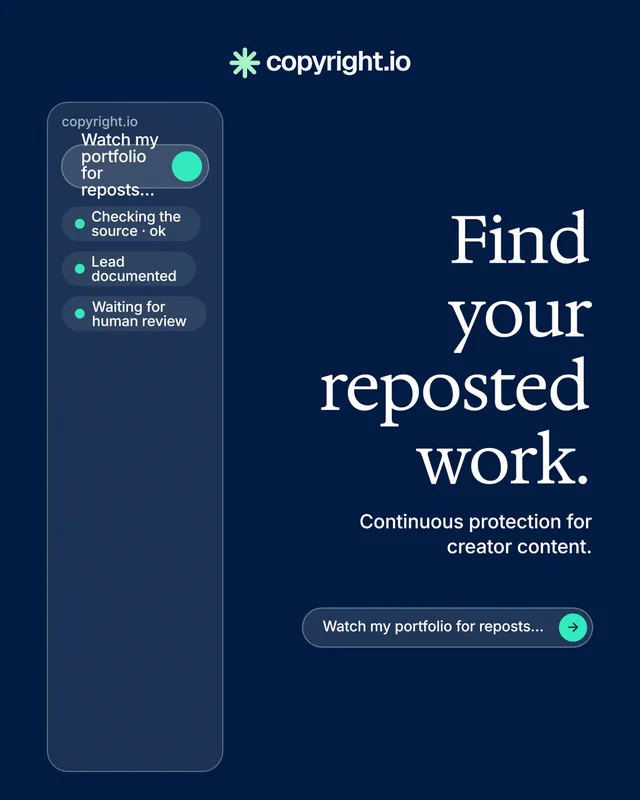 Instagram portrait post for copyright.io: "Find your reposted work." Agentic glass style, right layout, dark palette in blue.