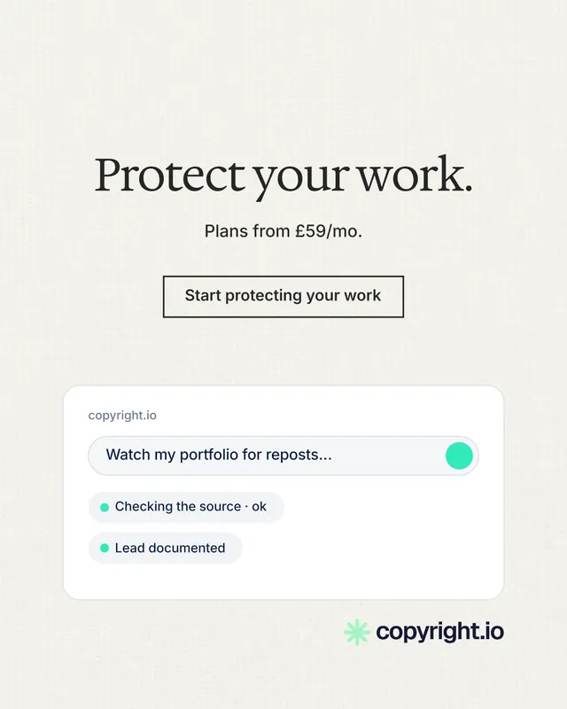 Instagram portrait post for copyright.io: "Protect your work." Editorial style, centred layout, light palette in white.