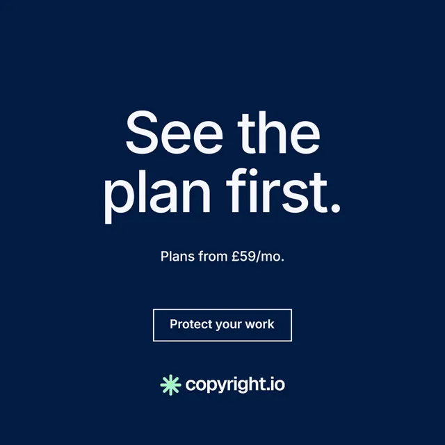 Instagram post for copyright.io: "See the plan first." Editorial style, centred layout, dark palette in blue.