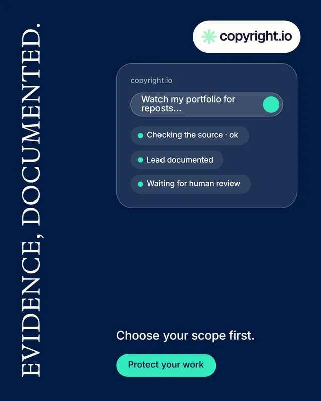 Instagram portrait post for copyright.io: "Evidence, documented." Y2K style, vertical layout, dark palette in blue.