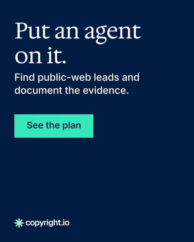 Instagram portrait post for copyright.io: "Put an agent on it." Split block style, skeleton layout, dark palette in blue, teal.
