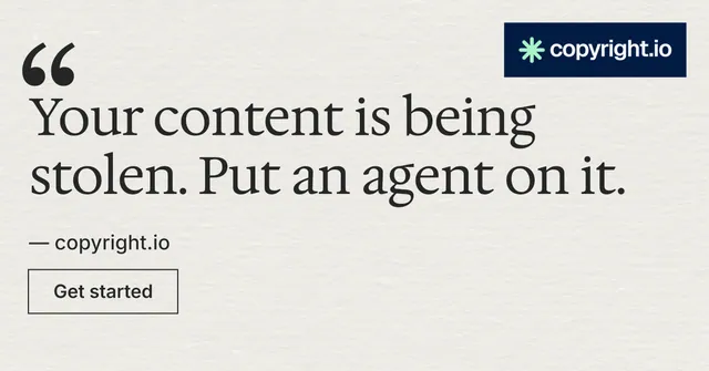 Social ad for copyright.io: "Protect your work." Editorial style, quote layout, light palette in white, grey.
