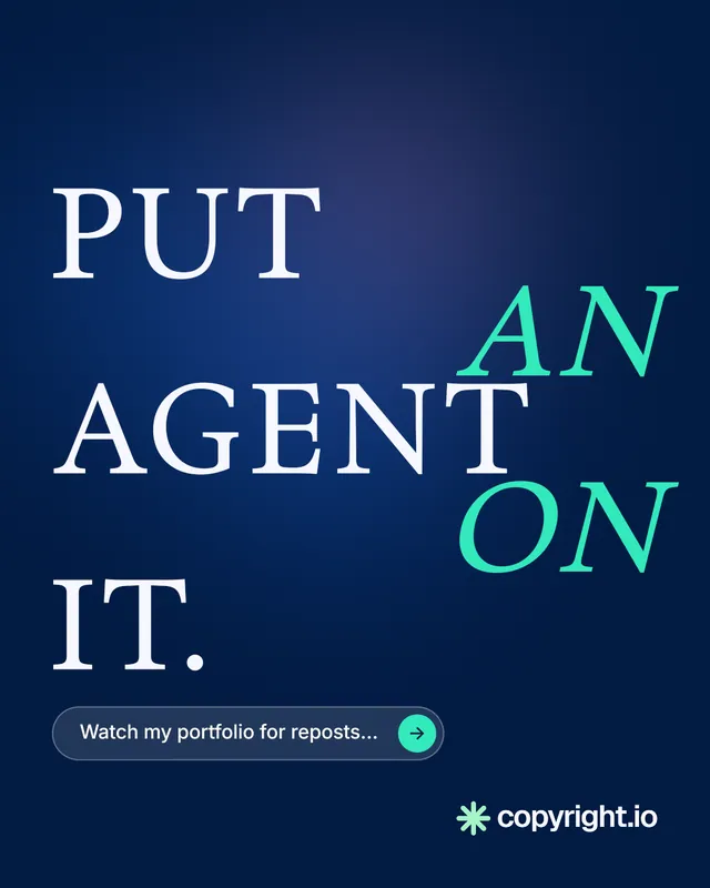 Instagram portrait post for copyright.io: "Put an agent on it." Agentic glass style, stacked layout, dark palette in blue.