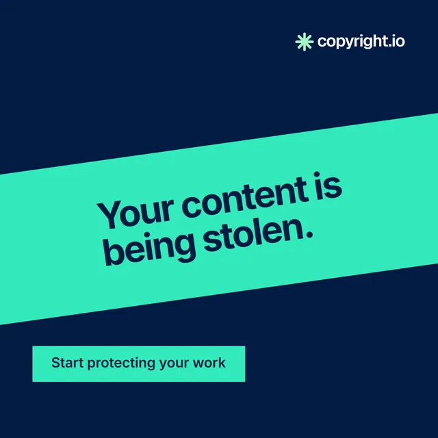 Instagram post for copyright.io: "Your content is being stolen." Swiss style, diagonal layout, dark palette in blue, teal.