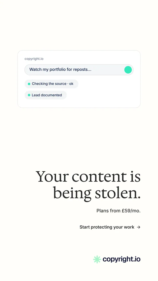 Instagram story for copyright.io: "Your content is being stolen." Minimal luxury style, right layout, light palette in white.