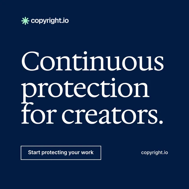 Instagram post for copyright.io: "Continuous protection for creators." Editorial style, poster layout, dark palette in blue.