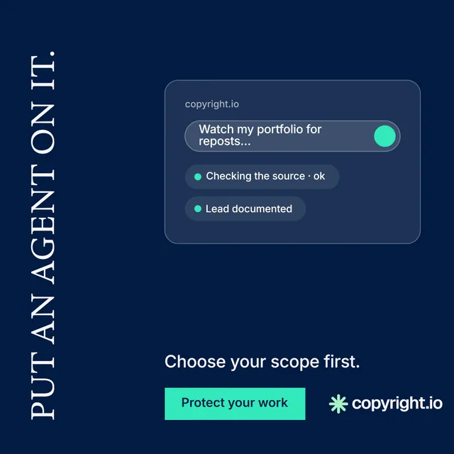 Instagram post for copyright.io: "Put an agent on it." Split block style, vertical layout, dark palette in blue.
