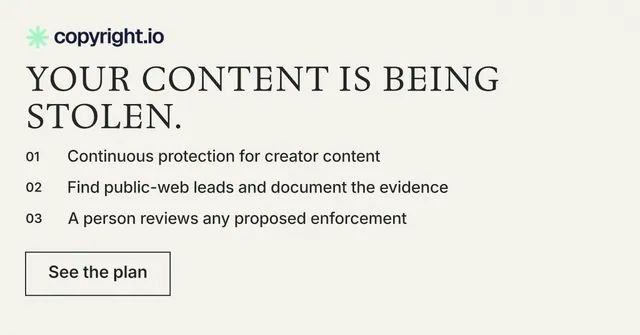 Social ad for copyright.io: "Your content is being stolen." Editorial style, numbered layout, light palette in white, grey.