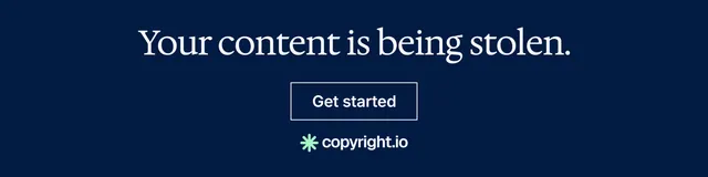 LinkedIn banner for copyright.io: "Your content is being stolen." Editorial style, skeleton layout, dark palette in blue.