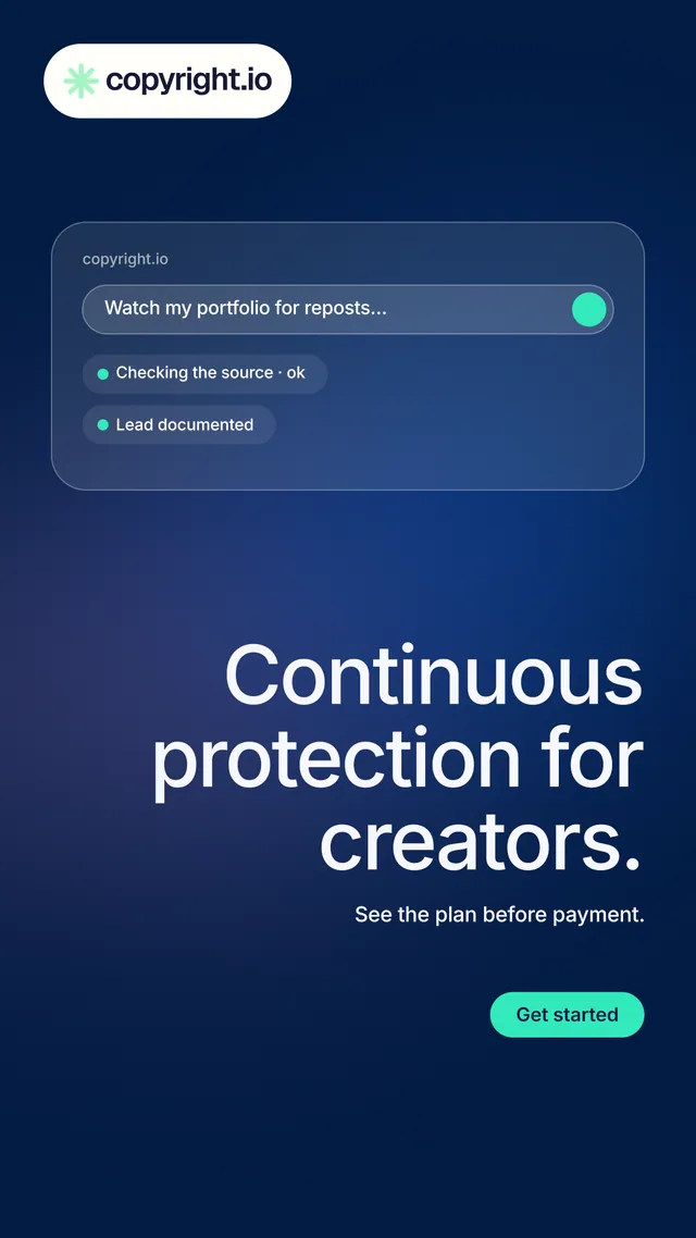 Instagram story for copyright.io: "Continuous protection for creators." Y2K style, right layout, dark palette in blue.