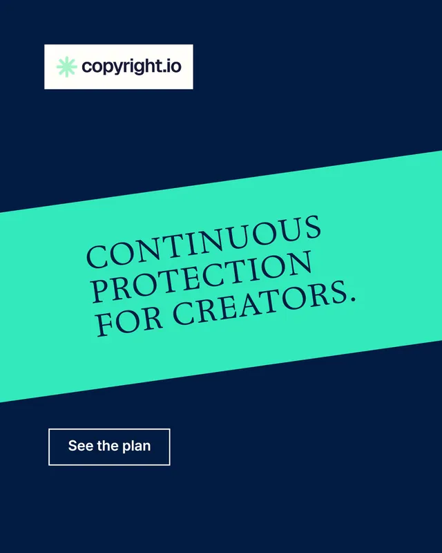 Instagram portrait post for copyright.io: "Continuous protection for creators." Editorial style, diagonal layout, dark palette in blue, teal.