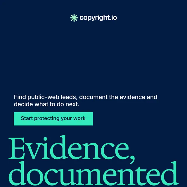 Instagram post for copyright.io: "Continuous protection for creators." Split block style, oversized layout, dark palette in blue, teal.
