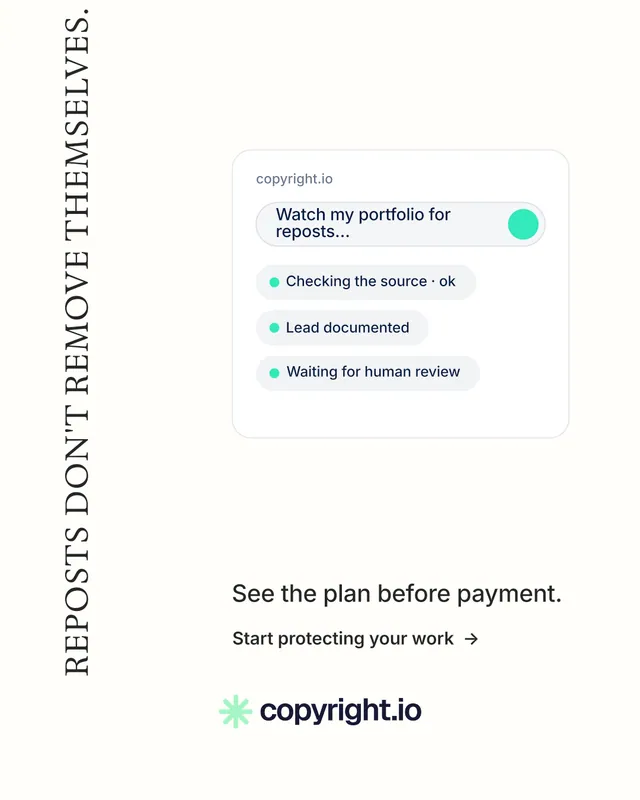 Instagram portrait post for copyright.io: "Reposts don't remove themselves." Minimal luxury style, vertical layout, light palette in white.