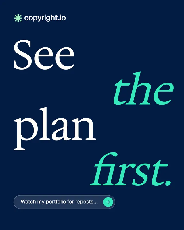 Instagram portrait post for copyright.io: "See the plan first." Agentic glass style, stacked layout, dark palette in blue.