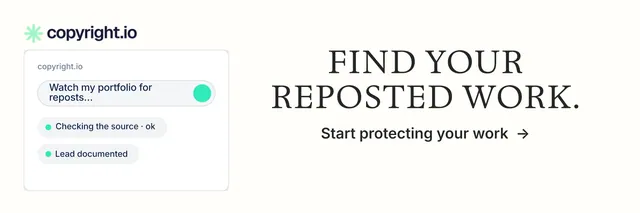 X header for copyright.io: "Find your reposted work." Minimal luxury style, skeleton layout, light palette in white.
