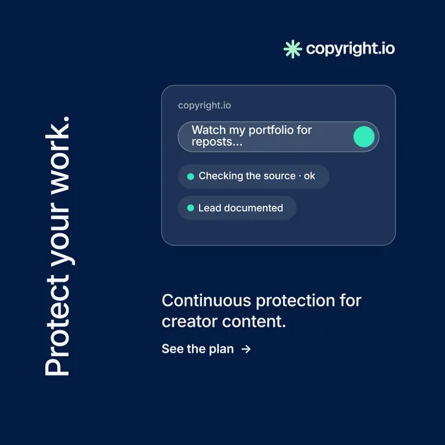 Instagram post for copyright.io: "Protect your work." Minimal luxury style, vertical layout, dark palette in blue.