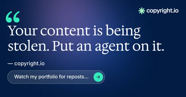 Social ad for copyright.io: "Find your reposted work." Agentic glass style, quote layout, dark palette in blue.