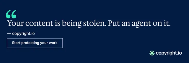 X header for copyright.io: "Reposts don't remove themselves." Editorial style, quote layout, dark palette in blue.