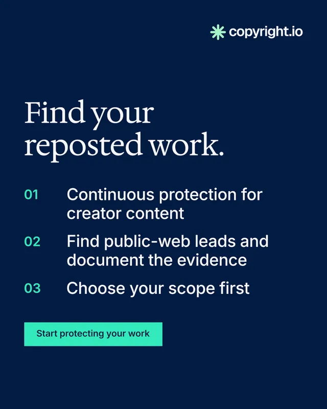 Instagram portrait post for copyright.io: "Find your reposted work." Split block style, numbered layout, dark palette in blue.