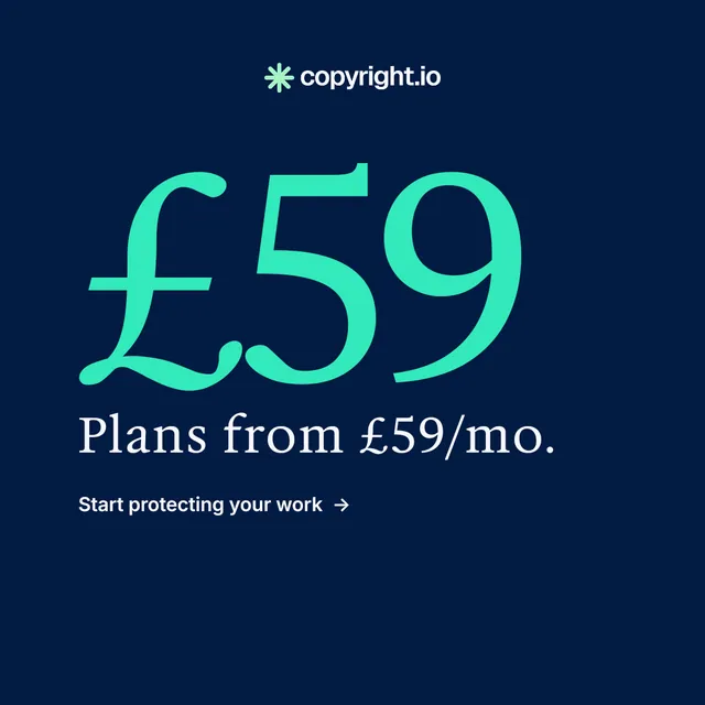 Instagram post for copyright.io: "Your content is being stolen." Minimal luxury style, stat layout, dark palette in blue, teal.