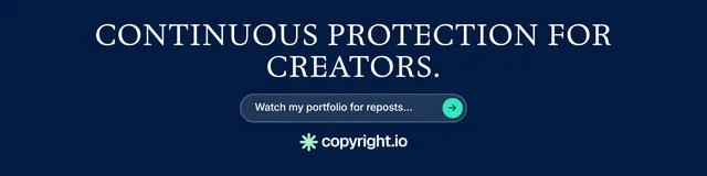 LinkedIn banner for copyright.io: "Continuous protection for creators." Agentic glass style, skeleton layout, dark palette in blue.